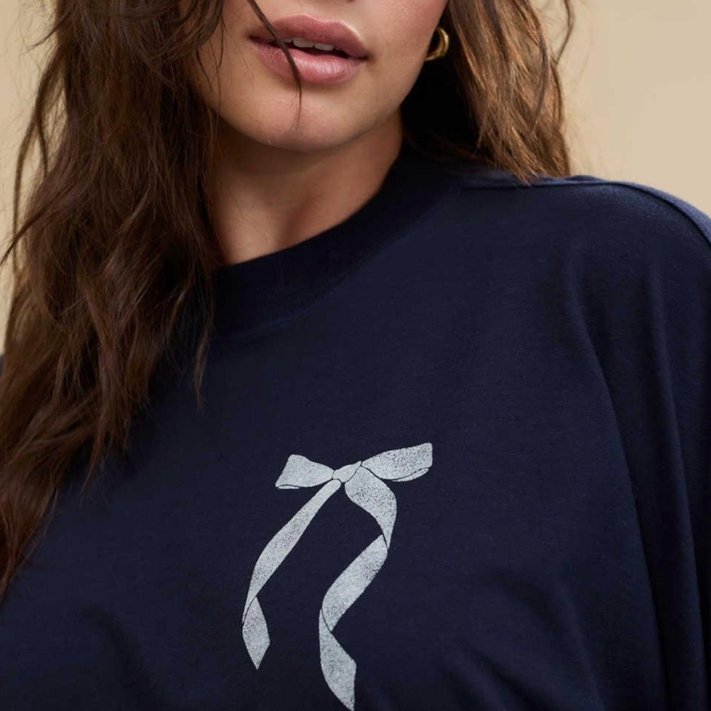 Aerie Women’s Navy Blue Cozy Long Sleeve Mockneck T-Shirt with Bow Print, Medium - Picture 4 of 12